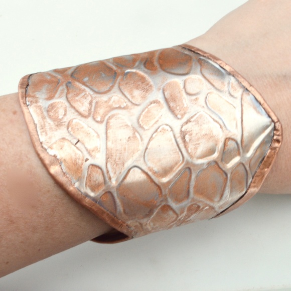 Copper Silver Patina Distressed Wide Cuff Bracelet - Picture 2 of 6